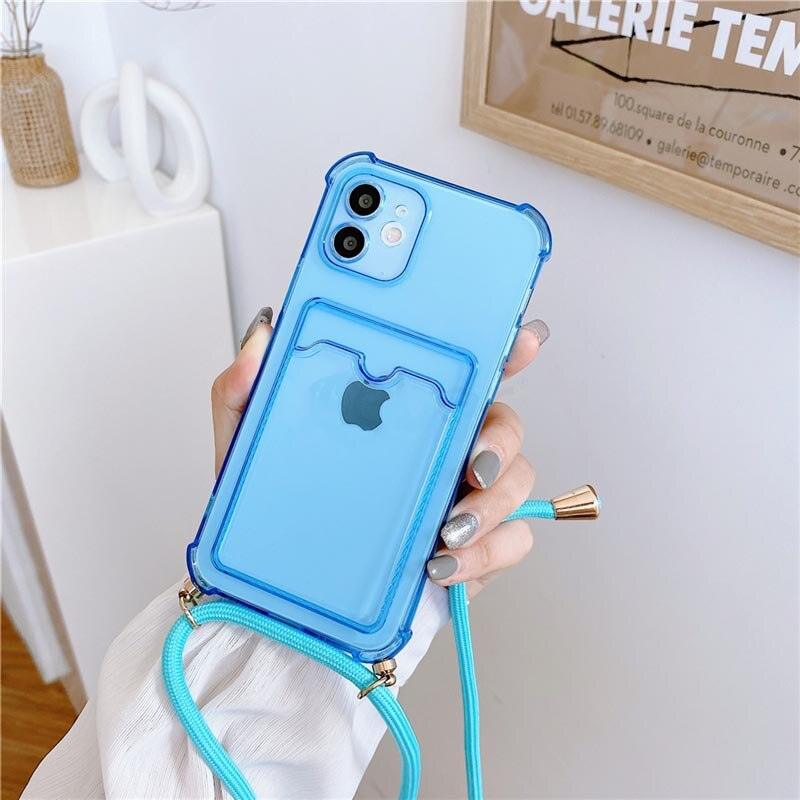 Transparent Wallet Case for iPhone 13 12 11 Pro Xs Max Shockproof Card Crossbody Lanyard Rope Strap Cover Transparent Soft Case Necklace Phone Cover Colorful Case & Adjustable Strap