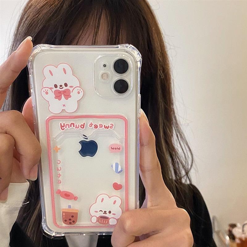 Orange Cute Cartoon Bear Rabbit Clear Phone Case For iPhone 14 Pro Max 13 12 11 X XR XS 7 8 Plus Card Holder Wallet Shockproof Cover Cartoon Soft iPhone Case