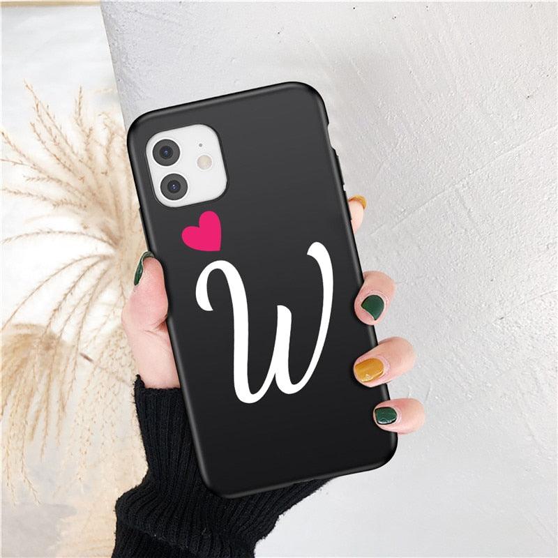 Women Elegant Black Initial Letter A-Z Love Heart Couples Phone Case For iPhone 13 12 Pro Max Mini Luxury Soft Silicone Cover Name Letter Case