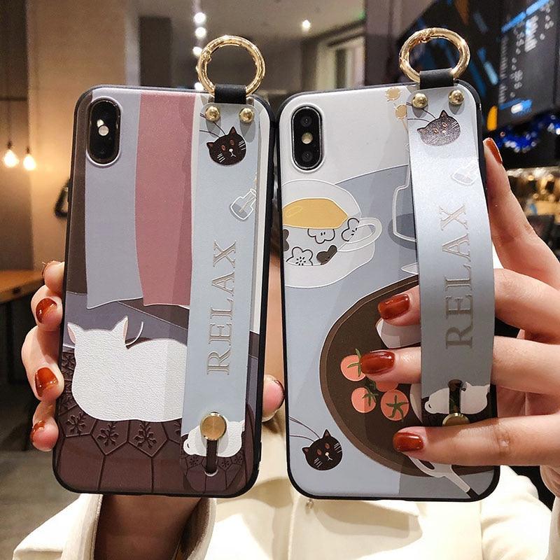 Cartoon Cute Cat Wrist Strap Soft Phone Case For Iphone 13 11 12 14 Pro Max X Xr Xs Max Se 2020 7 8 Plus 14plus Holder Cover Thanksgiving Cute Cats Silicone Case For Iphone