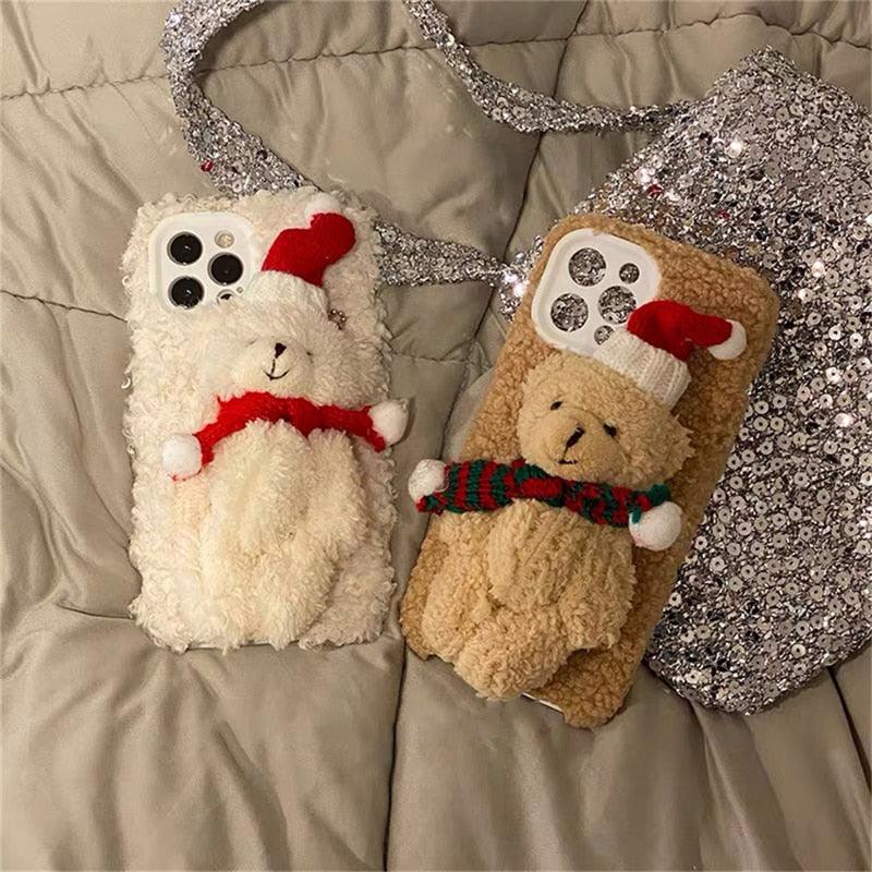 Cute Fluffy Santa 3D Teddy Bear Plush Christmas Case For Iphone 13 12 11 Pro Xs Max X Xr 7 8 Plus Se3 Shockproof Soft Cover  Super Soft Winter Warm Funny Rabbit Ears Faux Fur Plush Fluffy Cover