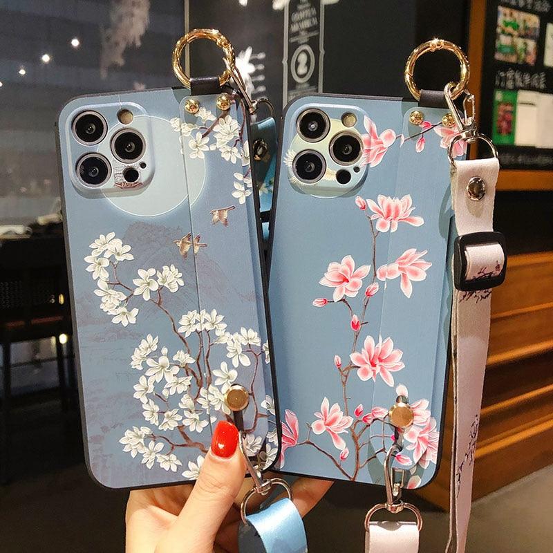 Ultra Luxury Case Cute Flower Design with Ring Kickstand Soft Crossbody Phone Cover for iPhone 13 14 Pro Max Case Fashion Crossbody Shoulder Strap Flower Leaf Phone Holder Cover for iPhone 12 11 X XR XS 7 8 Plus