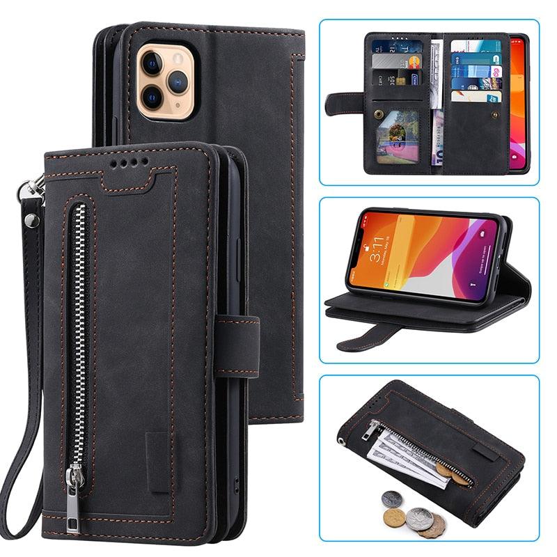 Business Blue New Cards Flip Leather Case For iPhone 14 13 12 11 Pro Max 10 X 6 6s 7 8 Plus XR XS Max Multifunctional Wallet Phone Case  Multi-Card Wallet Leather iphone Case