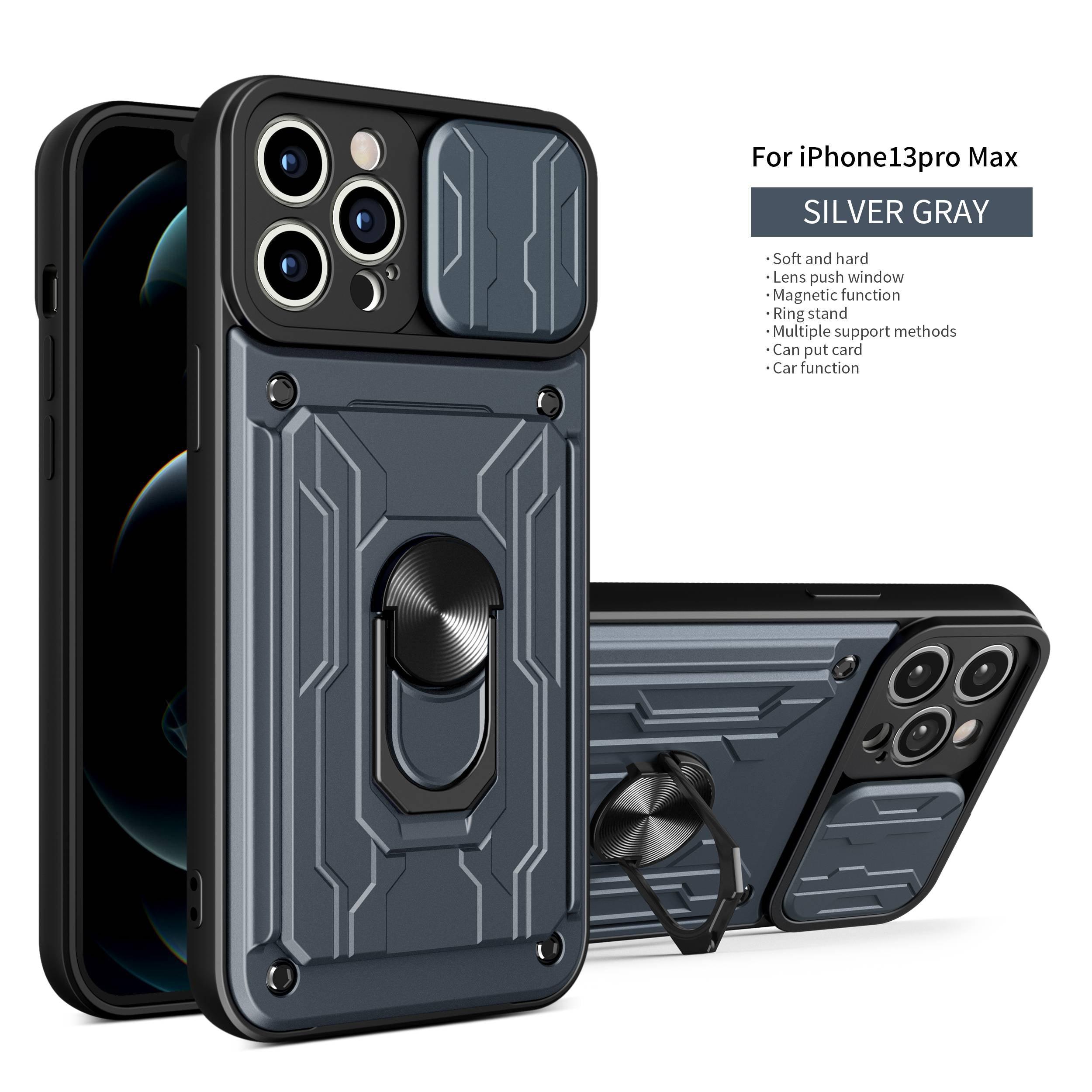 Heavy Duty Armor Case Card Pocket for iPhone 11 Pro 7 8 Plus Magnetic Phone Holder Cover Slide Lens Protection Design Card Holder Slot With Rotating Ring Armor Bumper Shockproof Case