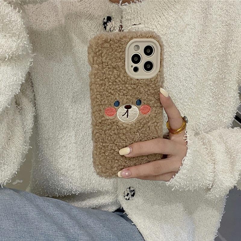 Cute Furry Fluffy Brown Bear Phone Case For iPhone 11 12 13 Pro Max 6 7 8 Plus X XS Max XR SE 2020  Winter Plush Warm Soft Cover  Autumn and Winter Shockproof Full Case Cover