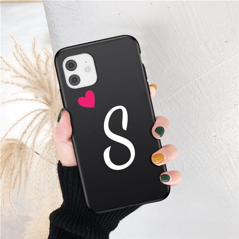 Women Elegant Black Initial Letter A-Z Love Heart Couples Phone Case For iPhone 13 12 Pro Max Mini Luxury Soft Silicone Cover Name Letter Case