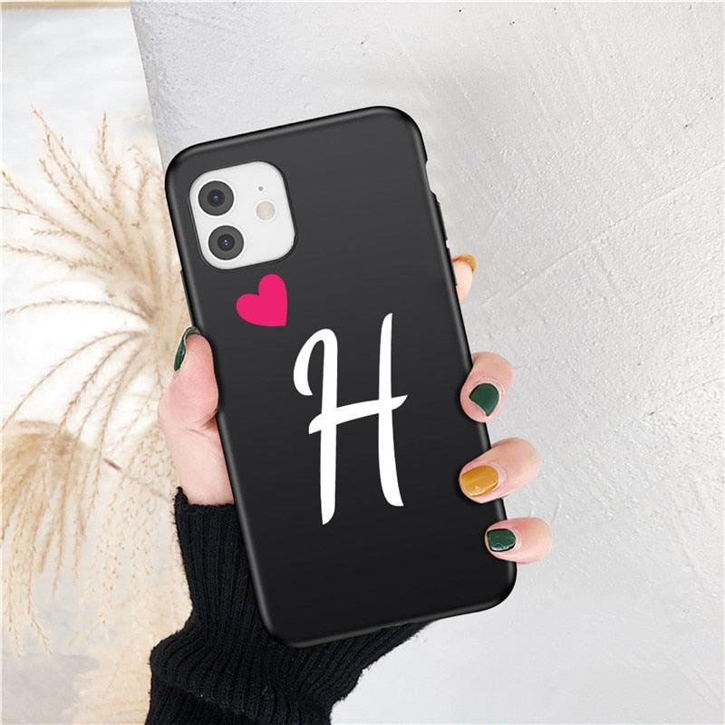 Women Elegant Black Initial Letter A-Z Love Heart Couples Phone Case For iPhone 13 12 Pro Max Mini Luxury Soft Silicone Cover Name Letter Case