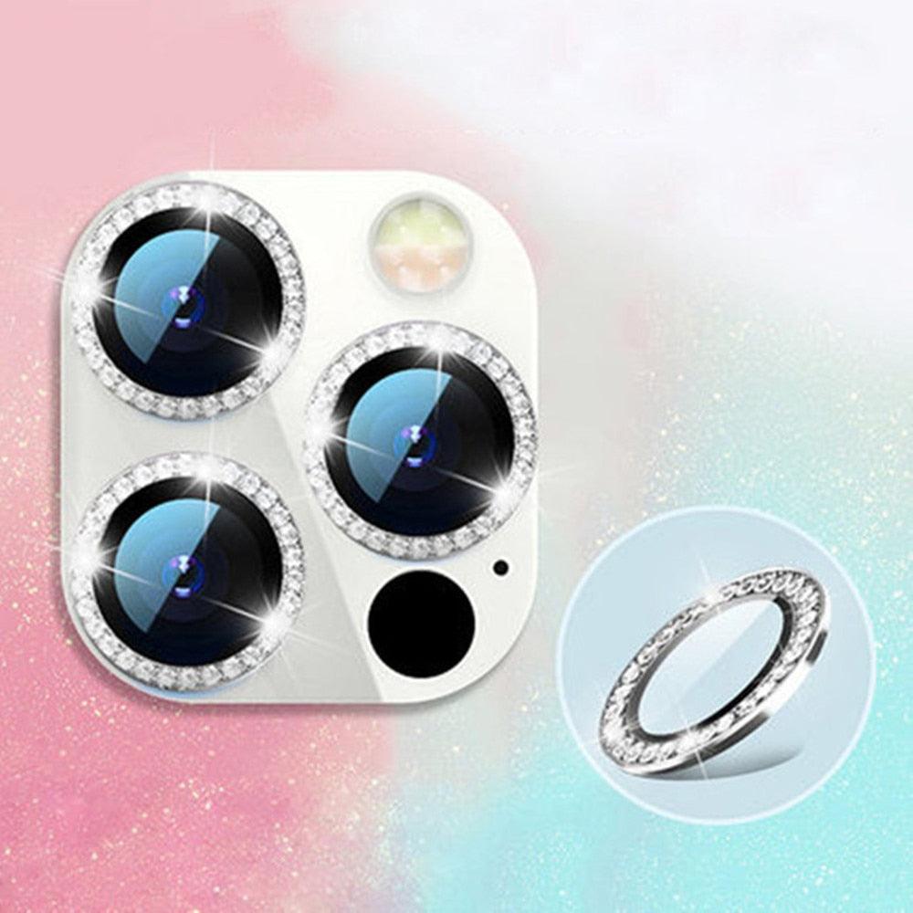 2023 New Diamond Bling Metal Ring Glass Protective Cap For iPhone 14 13 12 11 Pro Max Mini Camera Lens Circle Protector Paste Tempered Glass Camera Cover Camera Lens Protector