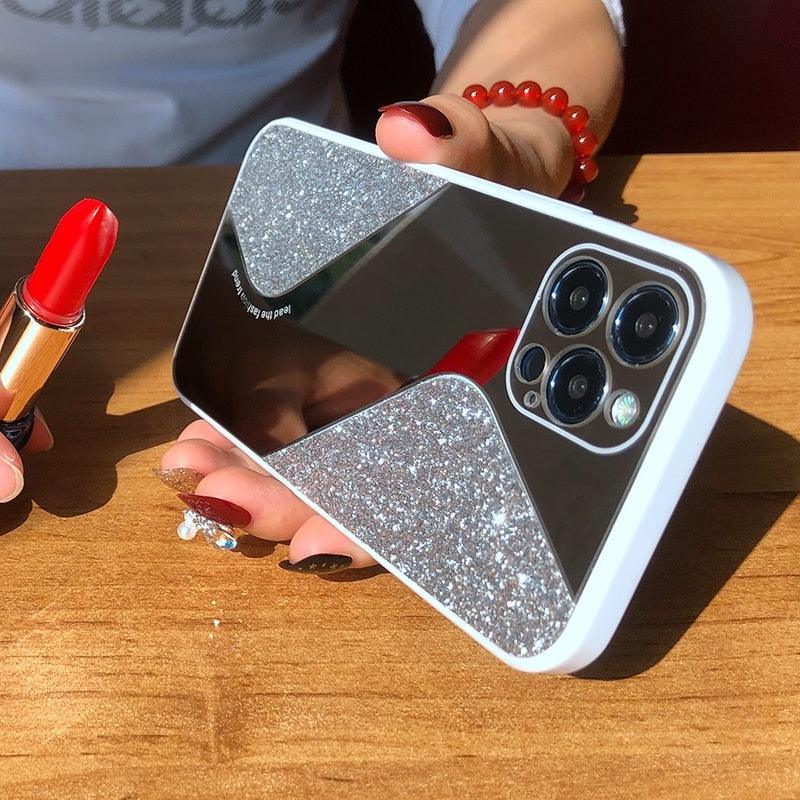 Women Luxurious Glitter Makeup Mirror Phone Case For iPhone 12 11 Pro MAX X XS XR 8 7 Plus Luxury Silicone Shockproof Cover Fixed Non Moving Sparkling Shining Glitter Stars Soft Silicone Case