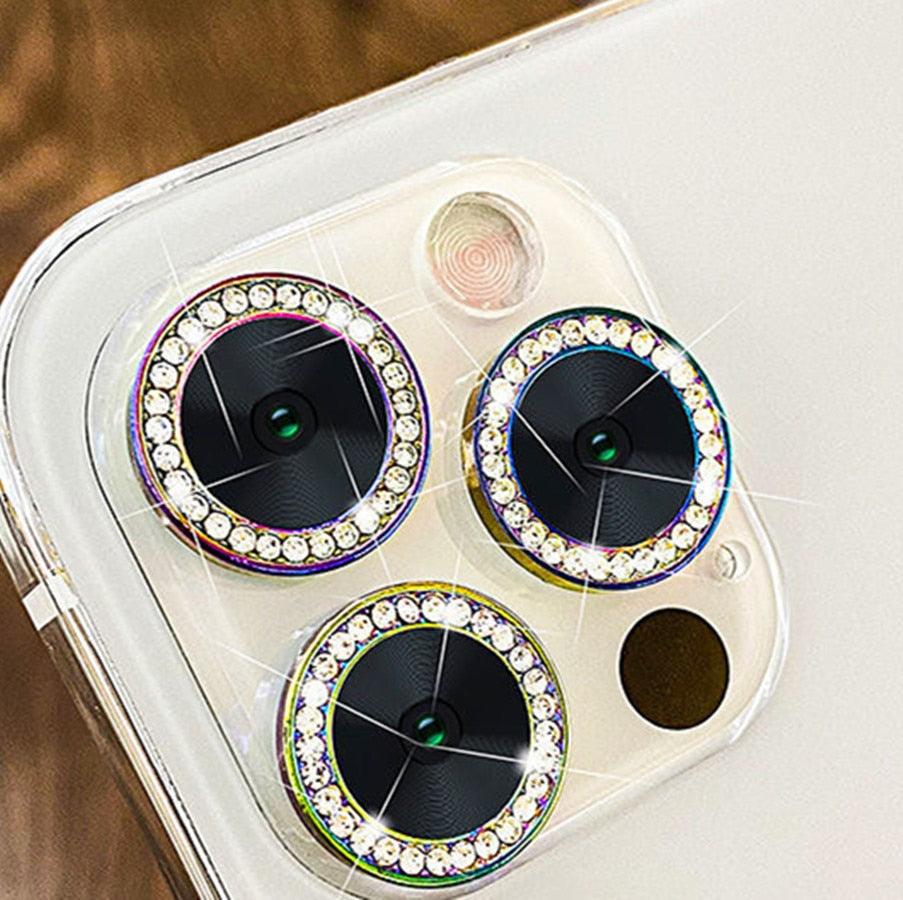 2023 New Diamond Bling Metal Ring Glass Protective Cap For iPhone 14 13 12 11 Pro Max Mini Camera Lens Circle Protector Paste Tempered Glass Camera Cover Camera Lens Protector