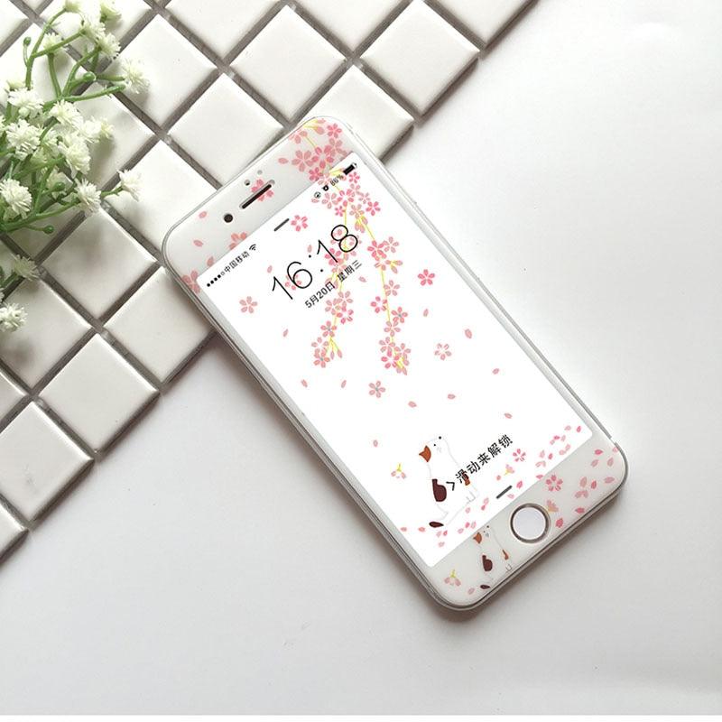 Flowers Cartoon Screen Protector For iPhone 13 12 11 Pro Max Soft Edge Tempered Glass on For iPhone XS MAX XR 7 8 PLUS Lovely Easy Installation Frame 9H Hardness Full Coverage Bubble Free Cute Lovely Cherry Blossom Design Glass For iPhone