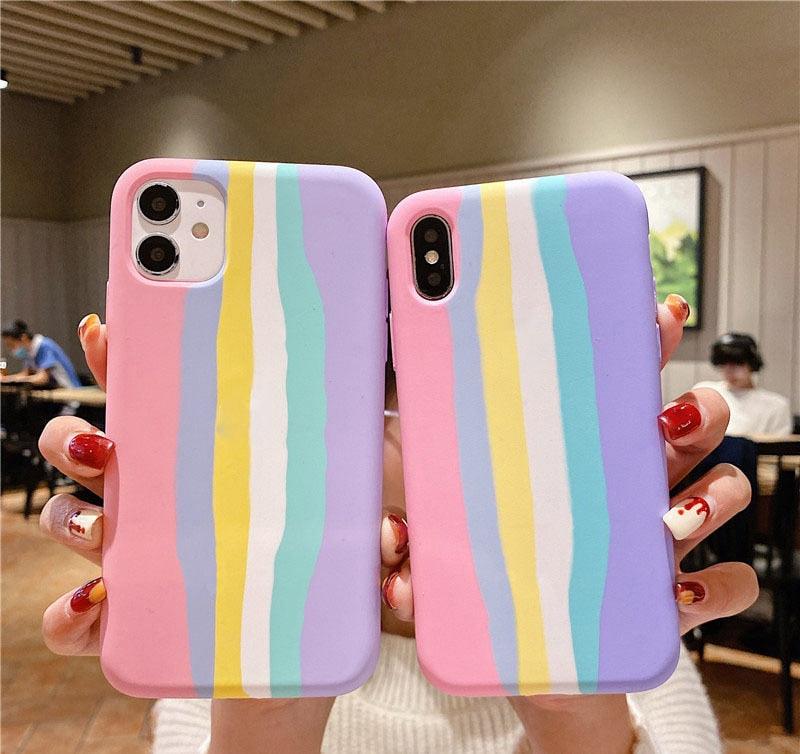 Multicolored Rainbow Phone Case for iPhone 7 8 Plus X XR 11 12 13 14 Pro Max Silicone Bright Color Cute Back Cover Colorful  Rainbow Soft Silicon Full Protection Case Cover