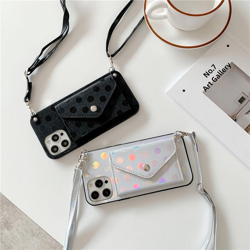 Luxury Little Dots Wallet Shoulder Strap Phone Case For iPhone 14 14Pro Max 13 12 Mini 11 Pro XSXR 7 8 Plus Leather Wallet Case with Card Holder Neck Strap Wrist Strap Pocket Cover