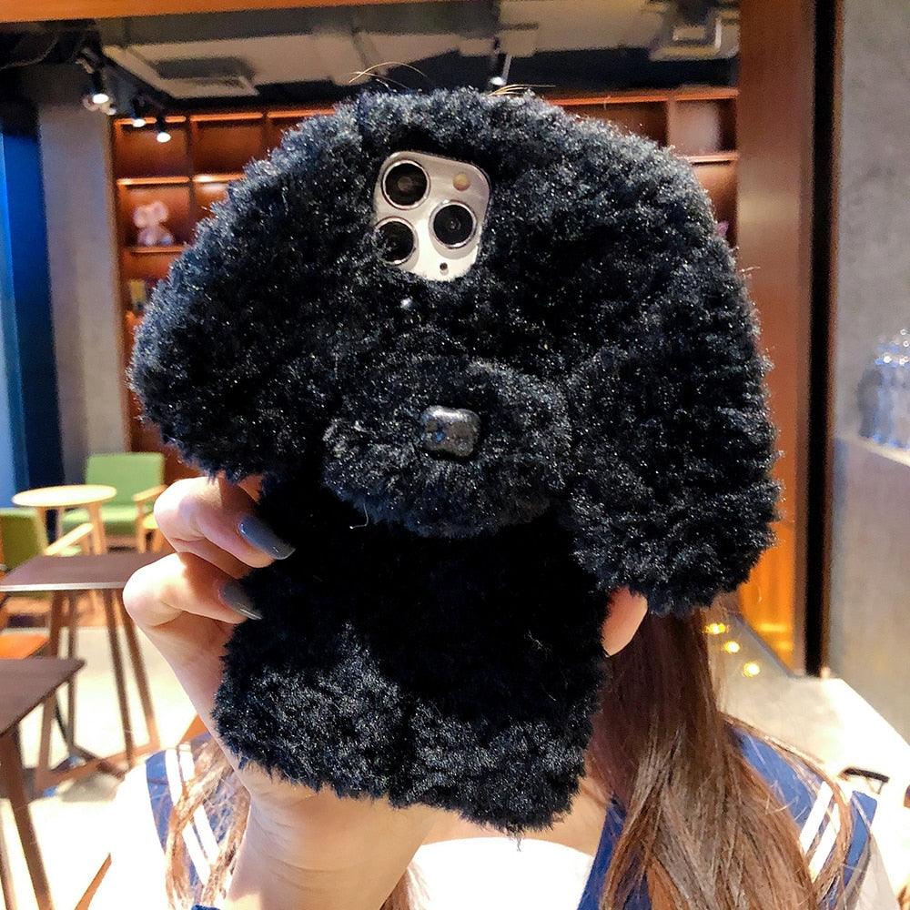 Fashion Luxury Cute Fuzzy Furry Wool Plush 3D Cute dog Plush fur phone Case For iphone 12 13 Mini 11 pro Max 6 6S 7 8 Plus X XR XS Winter Warm fur Soft Cover