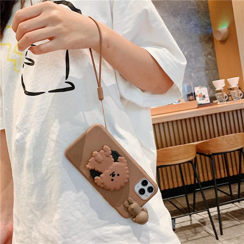 3D Cute Cartoon Dog Mirror Stand Phone Case For Iphone 13 Pro Max 12 11 Xr X Xs Max 5 6 7plus 8 Plus With Lanyard Cover Soft Durable Silicone Drop Protection Cover For Iphone