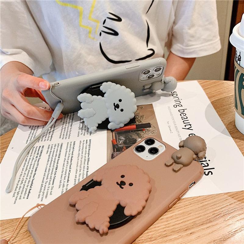 3D Cute Cartoon Dog Mirror Stand Phone Case For Iphone 13 Pro Max 12 11 Xr X Xs Max 5 6 7plus 8 Plus With Lanyard Cover Soft Durable Silicone Drop Protection Cover For Iphone