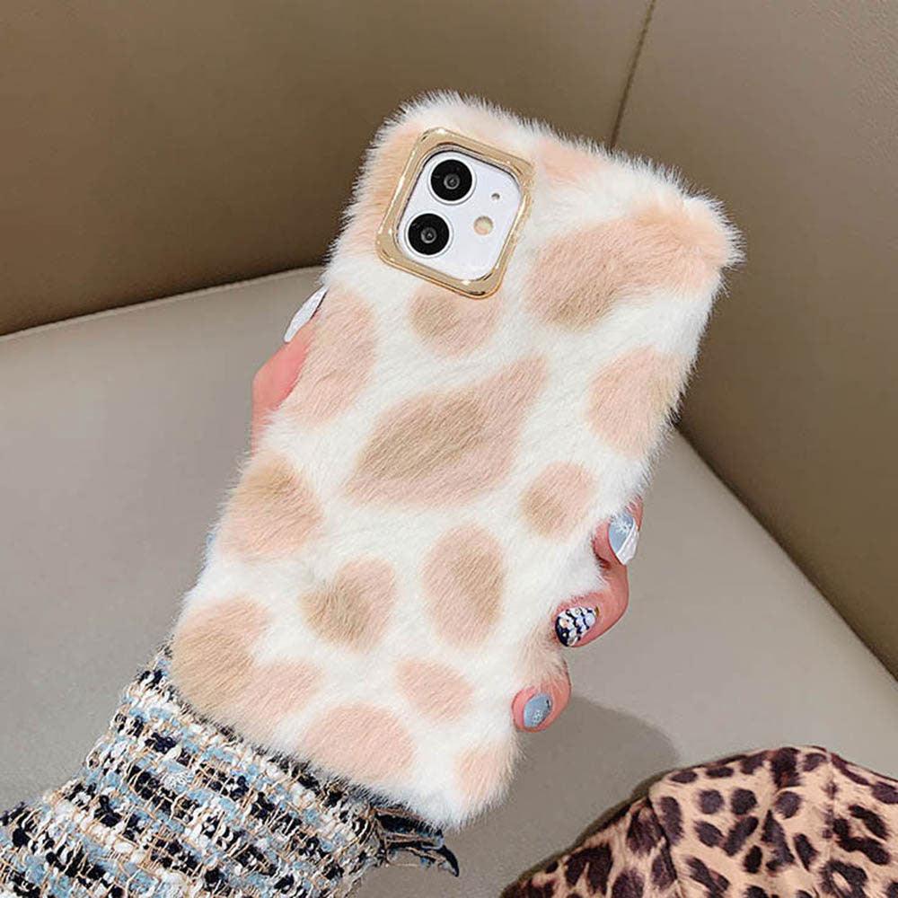 Fashion Plush Leopard Phone Case For Iphone 11 Pro Max Xs Max X Xr Cases Furry Fluffy Warm Cover For Iphone 6 6s 7 8 Plus Case Women Fashion Faux Fur Case For Iphone