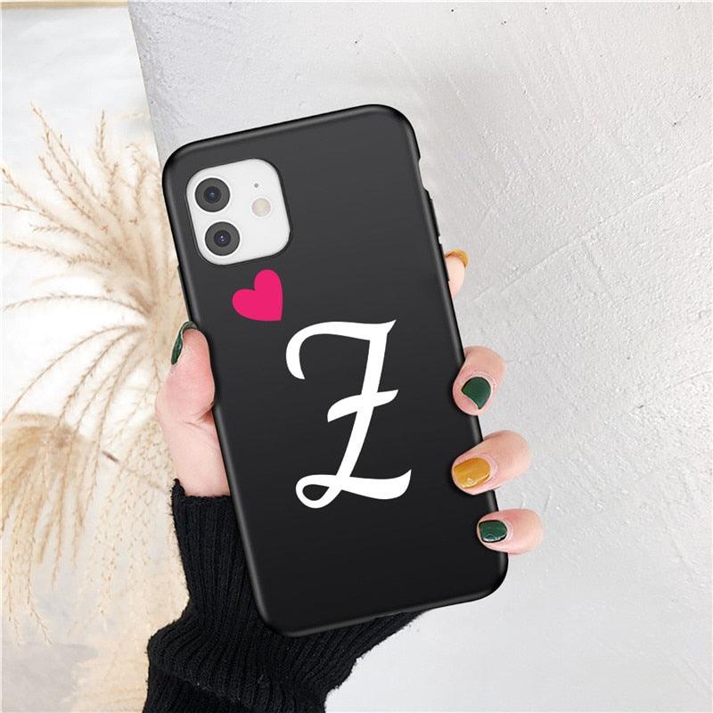 Women Elegant Black Initial Letter A-Z Love Heart Couples Phone Case For iPhone 13 12 Pro Max Mini Luxury Soft Silicone Cover Name Letter Case