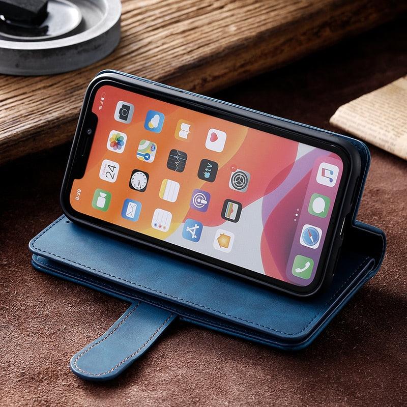 Business Blue New Cards Flip Leather Case For iPhone 14 13 12 11 Pro Max 10 X 6 6s 7 8 Plus XR XS Max Multifunctional Wallet Phone Case  Multi-Card Wallet Leather iphone Case