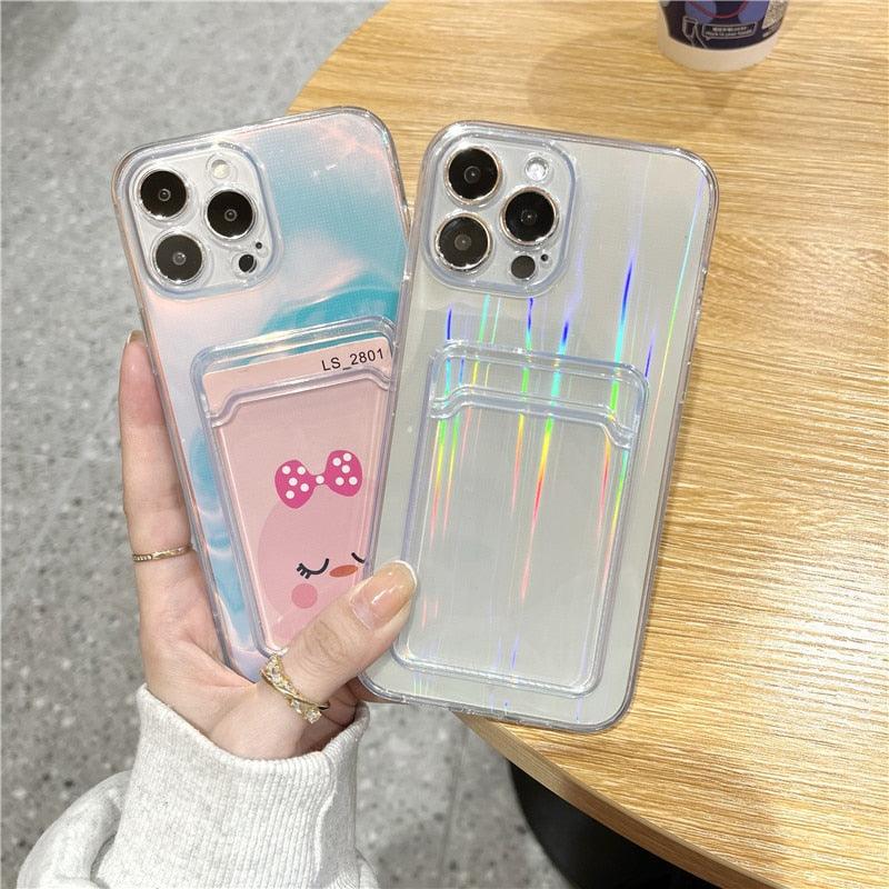 Unique Gradient Women Love Wallet Card Holder Clear Soft Case For iPhone 13 11 12 Pro Max Beautiful Colors Transparent Cover Drop Protection Transparent Phone Cover