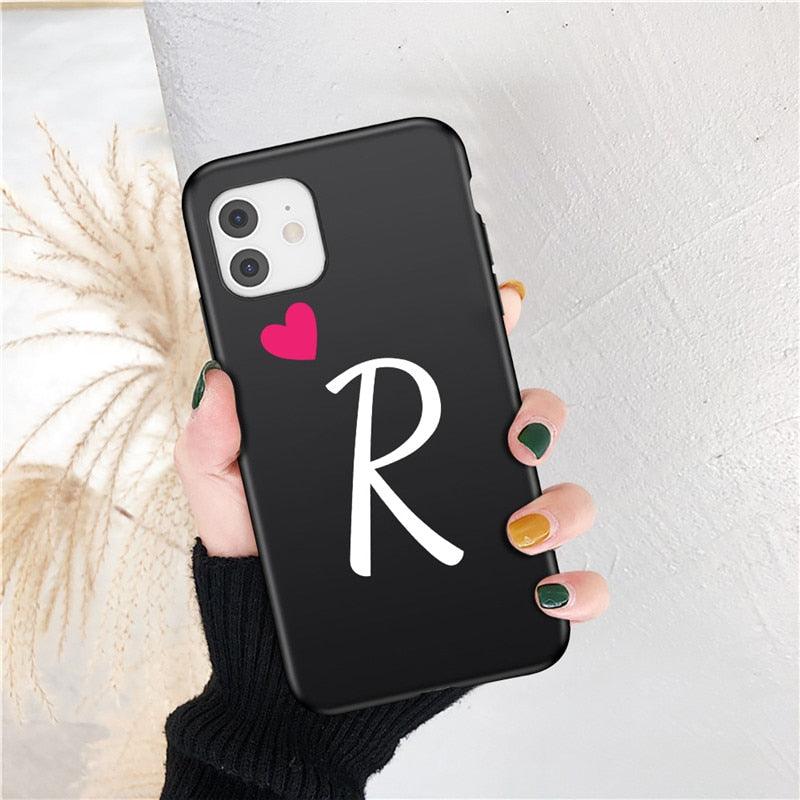 Women Elegant Black Initial Letter A-Z Love Heart Couples Phone Case For iPhone 13 12 Pro Max Mini Luxury Soft Silicone Cover Name Letter Case