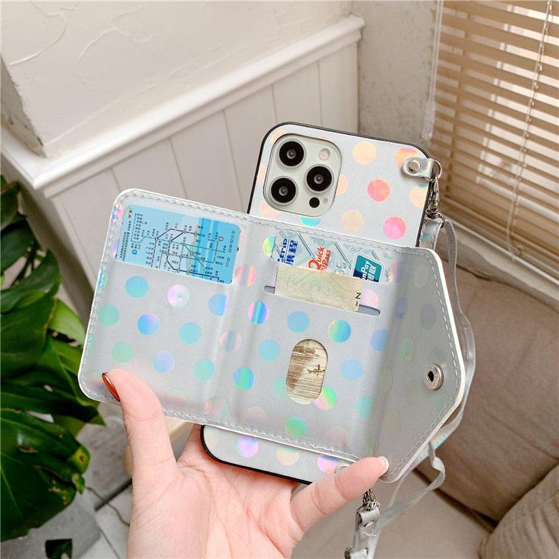 Luxury Little Dots Wallet Shoulder Strap Phone Case For iPhone 14 14Pro Max 13 12 Mini 11 Pro XSXR 7 8 Plus Leather Wallet Case with Card Holder Neck Strap Wrist Strap Pocket Cover