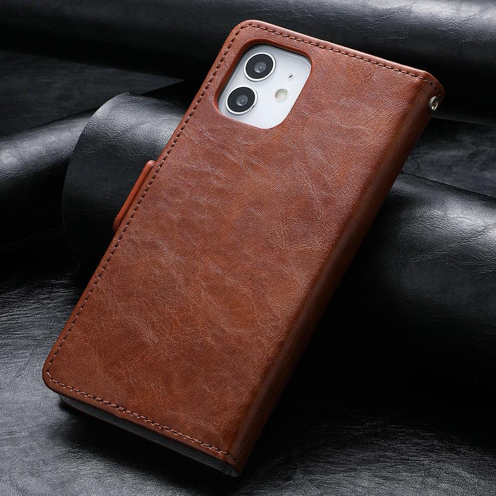 Luxury Leather Case For iPhone 13 11 12 14 Pro Max Mini Wallet Pocket Flip Case Cover Vintage Luxury Genuine Leather Fashion Business Classic Flip Case For Men