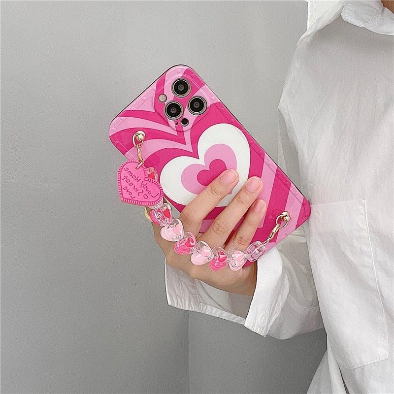 Cute Heart Chain Cute Case Luxury 3D Love Heart Wristband Girl Soft Case For iPhone 14 13 11 12 Pro Max 7 8 Plus Xr X Xs Silicone Phone Cover  Cute Case Luxury Hearts Case Camera Cover Protective Soft Slim Girly Case Designed for iPhone