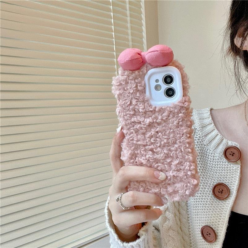 Fluffy Warm Cover Case For Iphone 13 12 11 Pro Xs Max X Xr Cases 3D Cartoon Bow Ear Furry Fluffy Warm Case For Iphone 7plus 8plus 12pro Phone Case