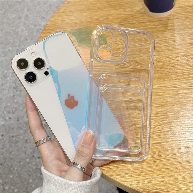 Unique Gradient Women Love Wallet Card Holder Clear Soft Case For iPhone 13 11 12 Pro Max Beautiful Colors Transparent Cover Drop Protection Transparent Phone Cover