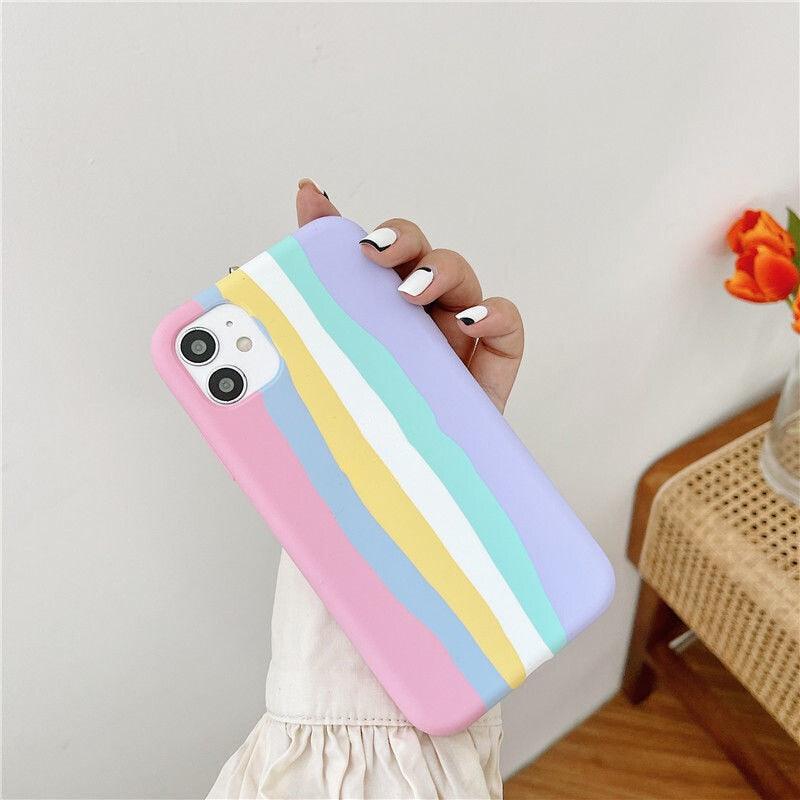 Luxury Rainbow Silicone Case For iPhone 11 X Xr Xs Max Case 12 11 Pro Max 6 6s 7 8 Plus Modern Colorful Shockproof Back Cover Rainbow Color Soft Silicon Back Cover Case