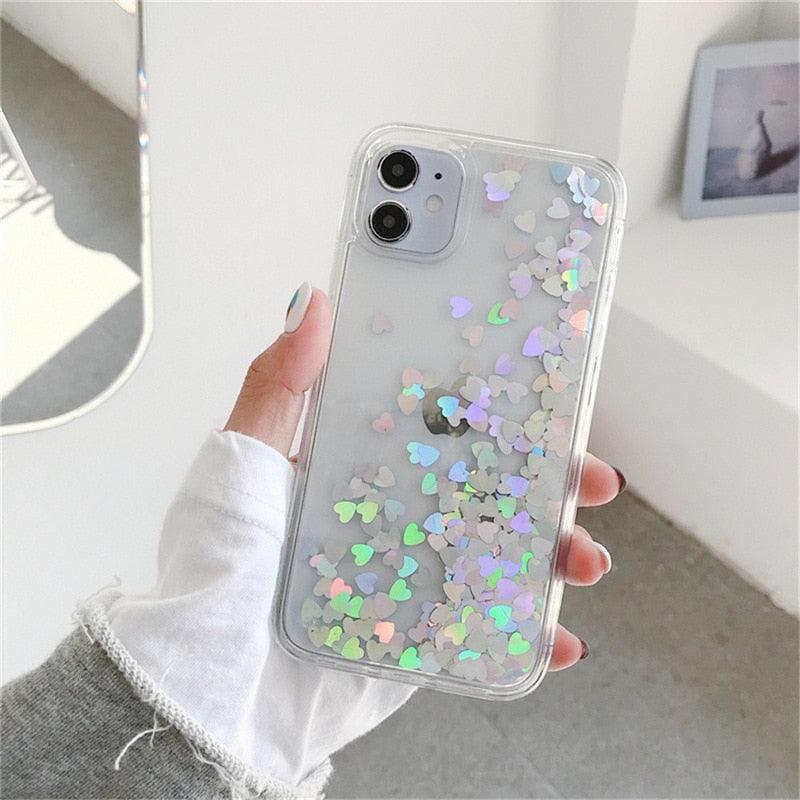 Glitter Love Heart Case For iPhone 13 12 11 Pro Max XS Max XR 7 8 Plus SE Clear Dynamic Case Soft Flowing Glitter Luxury Pretty Bumper Heavy Duty Cute Love Heart Shockproof Case