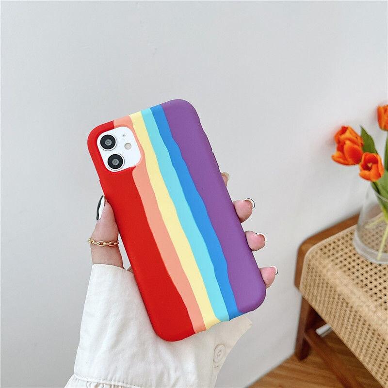 Luxury Rainbow Silicone Case For iPhone 11 X Xr Xs Max Case 12 11 Pro Max 6 6s 7 8 Plus Modern Colorful Shockproof Back Cover Rainbow Color Soft Silicon Back Cover Case