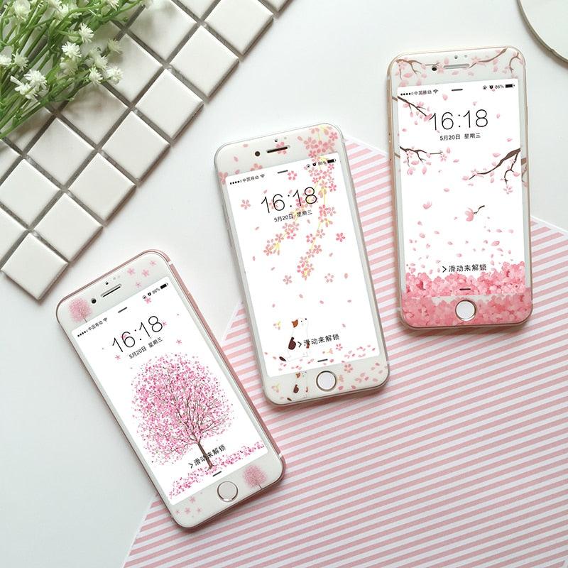 Flowers Cartoon Screen Protector For iPhone 13 12 11 Pro Max Soft Edge Tempered Glass on For iPhone XS MAX XR 7 8 PLUS Lovely Easy Installation Frame 9H Hardness Full Coverage Bubble Free Cute Lovely Cherry Blossom Design Glass For iPhone