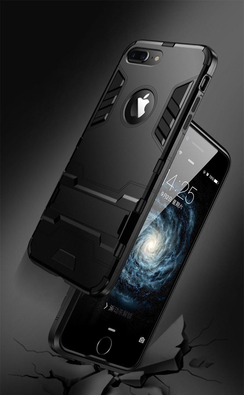 Luxury Black Cool Armor Case For iPhone 8 7 6 6S Plus 5 5s Shockproof Case For iPhone X XS MAX XR Stand Cover Case  Heavy Duty Shockproof Armor Dual Layer Protection Back Case Cover