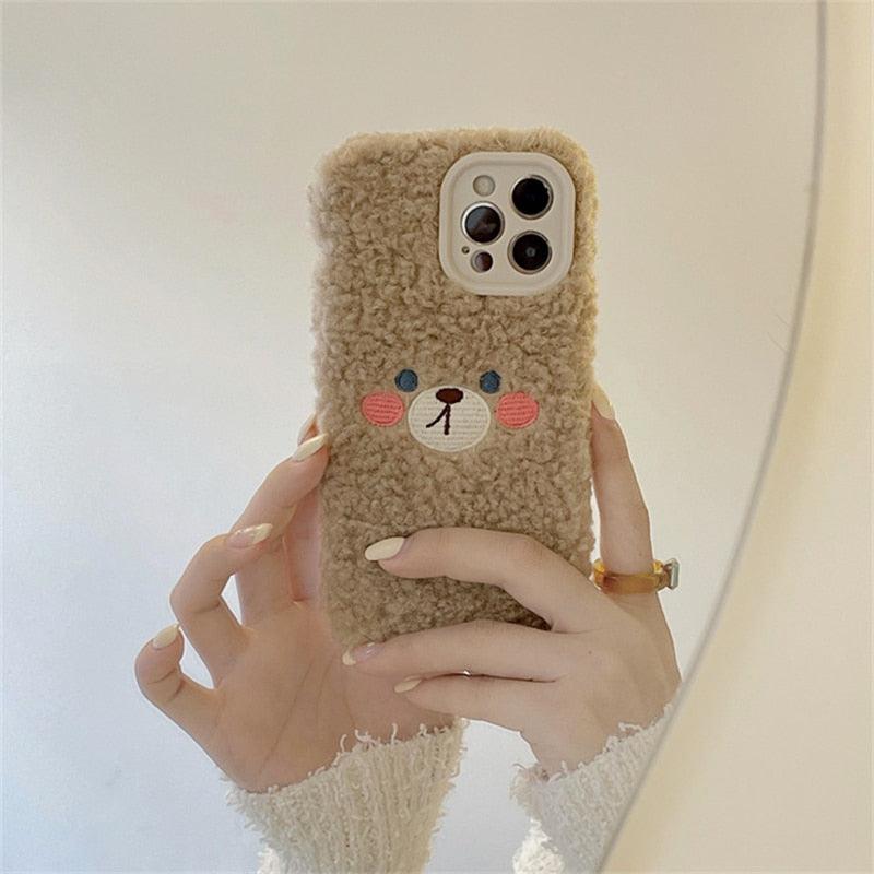 Cute Furry Fluffy Brown Bear Phone Case For iPhone 11 12 13 Pro Max 6 7 8 Plus X XS Max XR SE 2020  Winter Plush Warm Soft Cover  Autumn and Winter Shockproof Full Case Cover