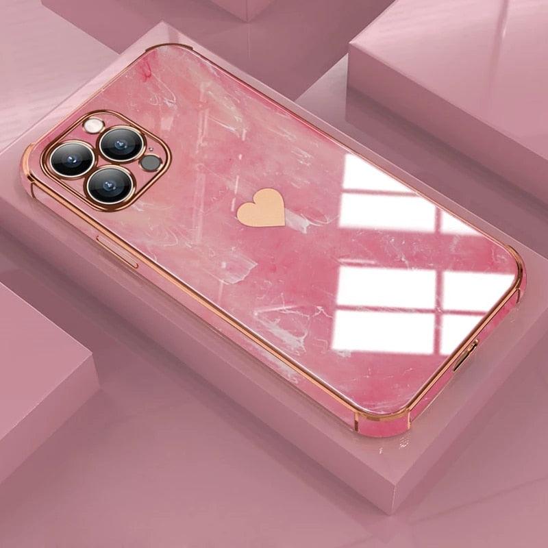 Luxury Shockproof Soft Case For iPhone 13 12 11 Pro Max XS XR X R 8 7 Plus iPhone12 12Pro iPhone11 Marble Texture Covers  Luxury Love Phone Case Cute Side Small Heart Pattern Soft Shockproof Full Lens Case for iPhone