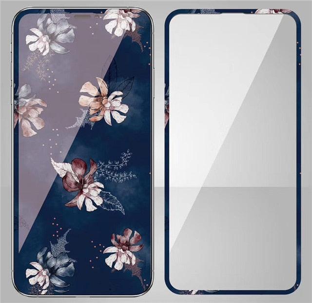 Fashion Sky Flowers Pattern Tempered Glass For iPhone 11 Pro Max Screen Protector Film for iPhone X XS XR XS Max 3D Full Cover Tempered Glass Screen Protector for iPhone