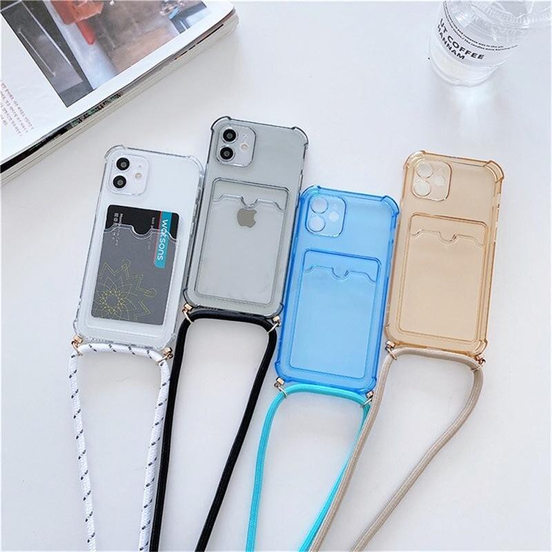 Transparent Wallet Case for iPhone 13 12 11 Pro Xs Max Shockproof Card Crossbody Lanyard Rope Strap Cover Transparent Soft Case Necklace Phone Cover Colorful Case & Adjustable Strap