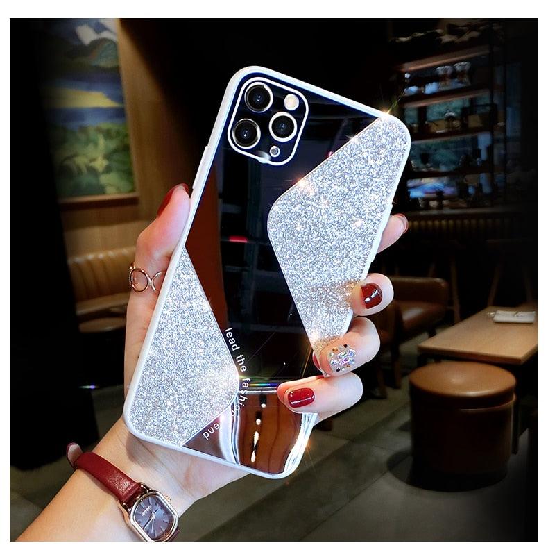 Women Luxurious Glitter Makeup Mirror Phone Case For iPhone 12 11 Pro MAX X XS XR 8 7 Plus Luxury Silicone Shockproof Cover Fixed Non Moving Sparkling Shining Glitter Stars Soft Silicone Case