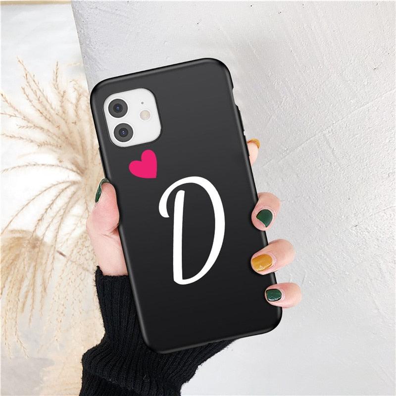 Women Elegant Black Initial Letter A-Z Love Heart Couples Phone Case For iPhone 13 12 Pro Max Mini Luxury Soft Silicone Cover Name Letter Case