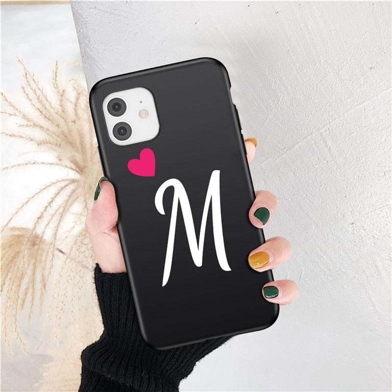 Women Elegant Black Initial Letter A-Z Love Heart Couples Phone Case For iPhone 13 12 Pro Max Mini Luxury Soft Silicone Cover Name Letter Case