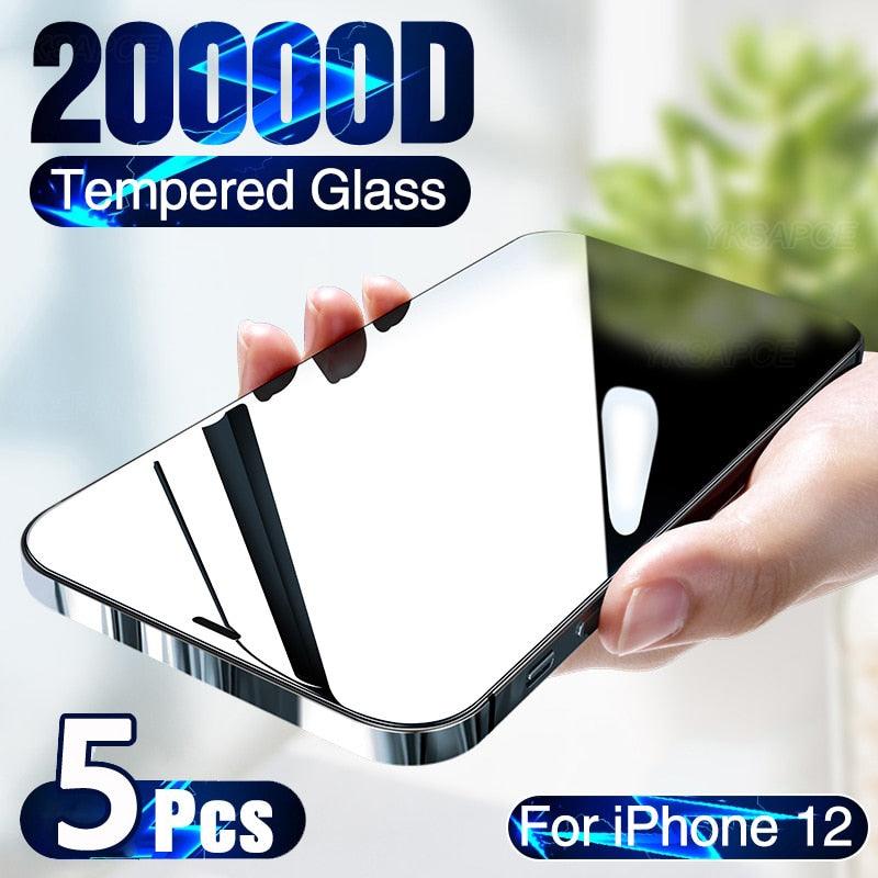 5Pcs 20000D Black Transparent Screen Protector for iPhone 14 13 12 mini 11 Pro X XS Max XR SE 9H 2.5D Clear Tempered Glass Film Edge to Edge Case Friendly Screen Protection Film For iPhone