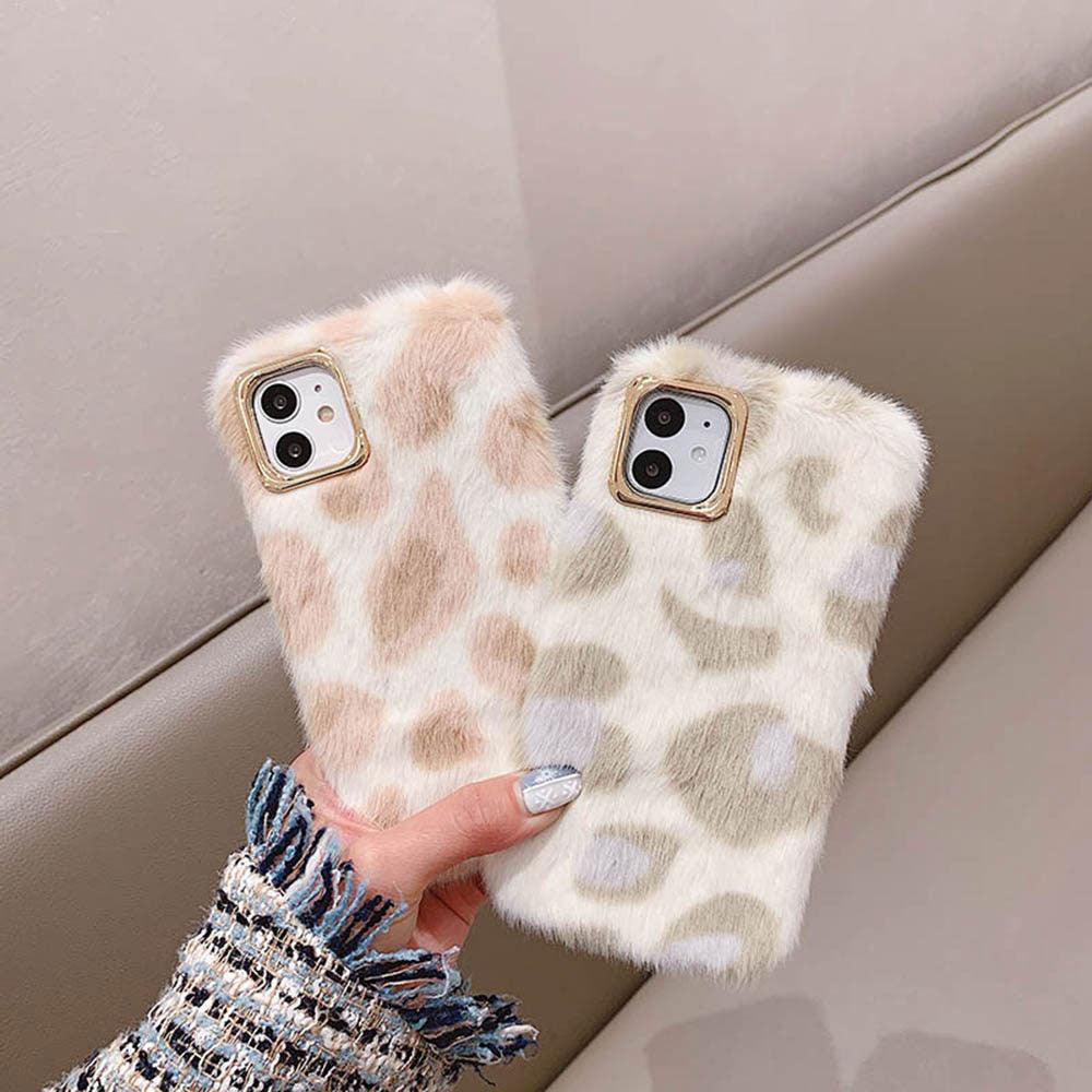 Fashion Plush Leopard Phone Case For Iphone 11 Pro Max Xs Max X Xr Cases Furry Fluffy Warm Cover For Iphone 6 6s 7 8 Plus Case Women Fashion Faux Fur Case For Iphone