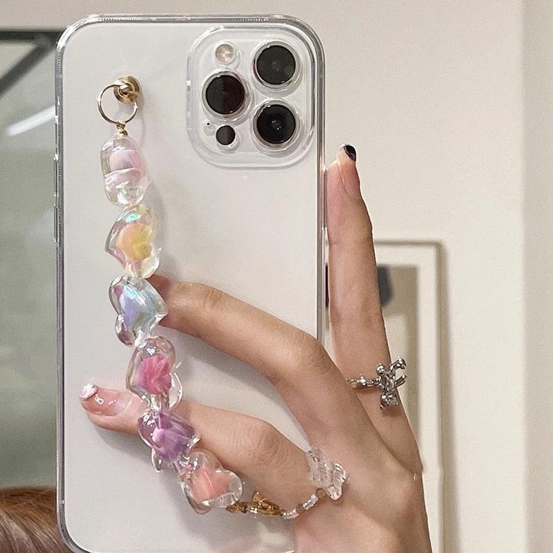 Multicolored Cute Love Heart Bracelet Wrist Chain Case for iPhone 14Pro Max 12 11 XR X XS 7 8 plus Clear Soft Back Cover for iPhone 13 Transparent Love Chain Bracelets Phone Case for iPhone Modern Heart Shaped Bracelet Phone Case