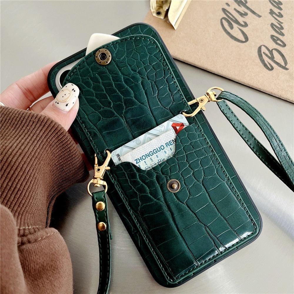 Attractive Luxury Love Black Lanyard Phone Case for iPhone 12 13 Mini 7 8 Plus 11 Pro Max X XS XR Cover Handbag Case with Card Holder Lanyard Adjustable Strap Cover For iPhone