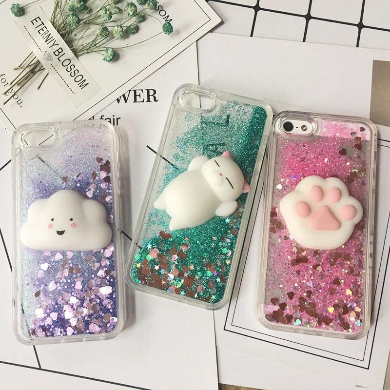 3D  Cat Case For Iphone 5s Se 7 7 Plus Case Liquid Quicksand Glitter Silicone Case For Iphone 8 8 Plus X 6 6s Cover  Rubber Silicone Phone Case