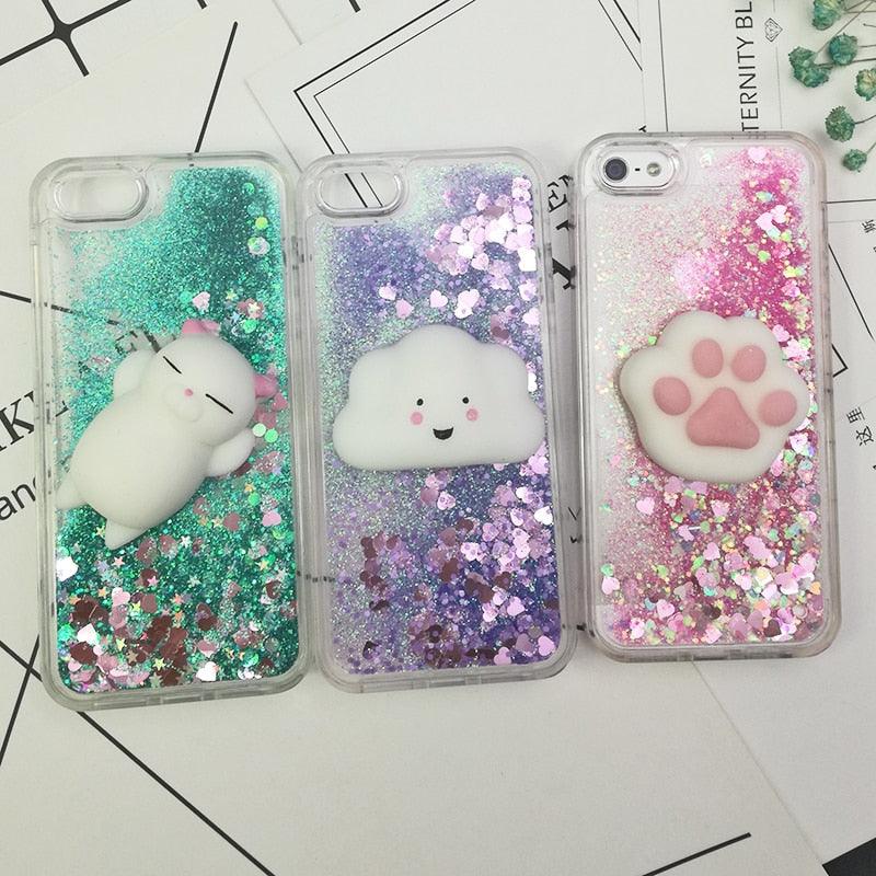 3D  Cat Case For Iphone 5s Se 7 7 Plus Case Liquid Quicksand Glitter Silicone Case For Iphone 8 8 Plus X 6 6s Cover  Rubber Silicone Phone Case