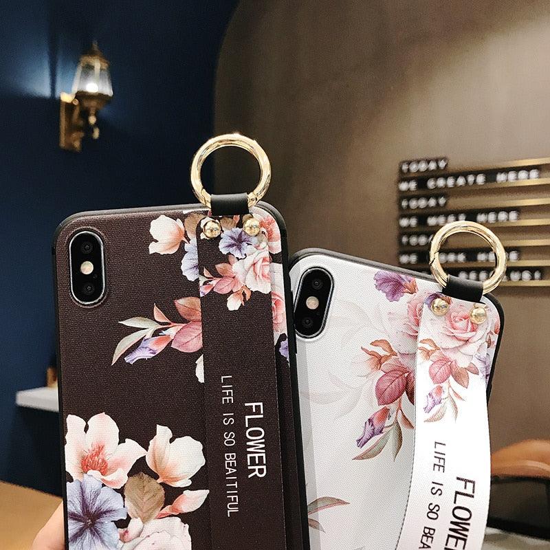 Rose Flowers Wrist Strap Phone Cases For iPhone 13 12 11 14 pro MAX X XR XS MAX 7 8 Plus Cover  Hand Band Cases Soft Full Protection Slim Colorful Protective Phone Case For iPhone