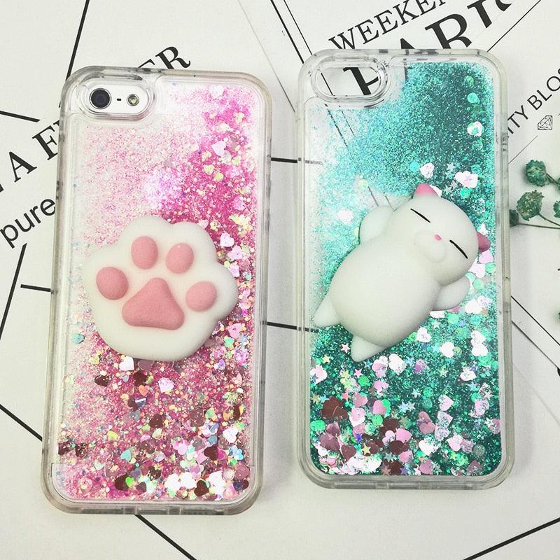 3D  Cat Case For Iphone 5s Se 7 7 Plus Case Liquid Quicksand Glitter Silicone Case For Iphone 8 8 Plus X 6 6s Cover  Rubber Silicone Phone Case